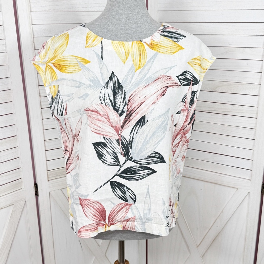 C&C California Tropical Palm Print Linen Button Back Shirt White Multi‎ Medium